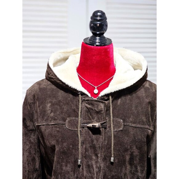 Covington Women's Brown Suede Leather Coat Faux Shearling Hood Size L 2203 - Picture 5 of 13